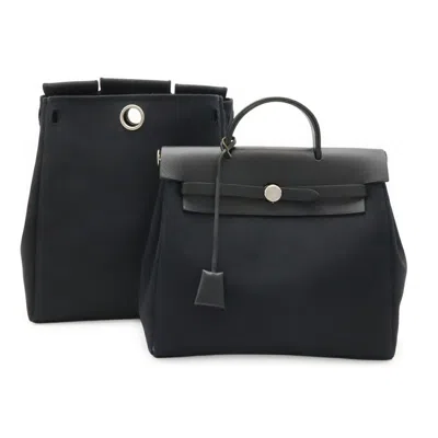 Pre-owned Hermes Black Toile Officier Leather Backpack Handbag ()