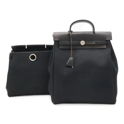 Pre-owned Hermes Black Toile Officier Leather Backpack Handbag ()