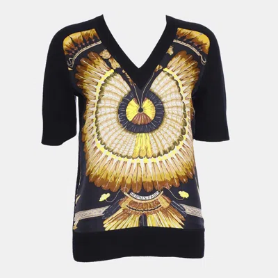 Pre-owned Hermes Black Twillane With Yellow Silk Print Top Fr 34
