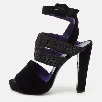 Pre-owned Hermes Black Velvet Platform Ankle Strap Sandals Size 40