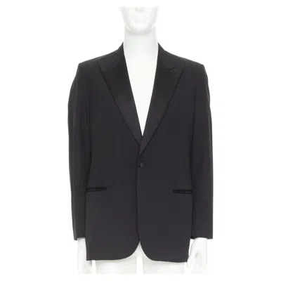 Pre-owned Hermes Black Wool Blend Satin Peak Lapel Logo Silk Lined Tuxedo Blazer Eu50 L