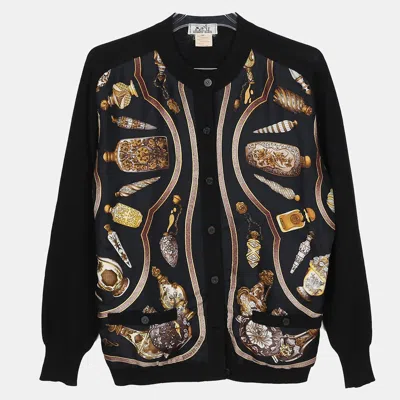 Pre-owned Hermes Black Wool Multicolor Silk Round Neck Cardigan Size 40