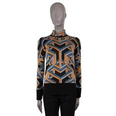 Pre-owned Hermes Black Yellow Blue Silk Carre Cube Turtleneck Sweater 40 M