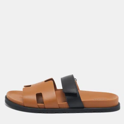 Pre-owned Hermes Black/brown Leather Chypre Sandals Size 44