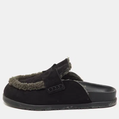 Pre-owned Hermes Black/dark Grey Suede And Shearling Go Flat Mules Size 37.5