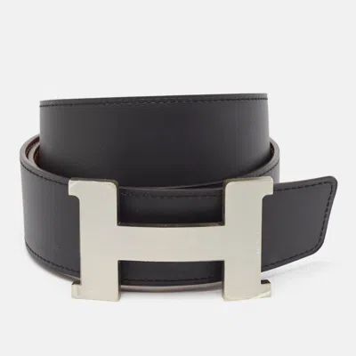 Pre-owned Hermes Black/gold Swift And Tadelakt Leather Constance Reversible Belt 85cm