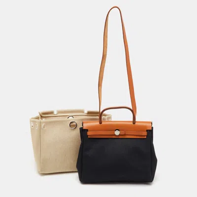 Pre-owned Hermes Black/natural Toile And Vache Hunter Herbag 31 Bag