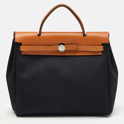 Pre-owned Hermes Hermès Black/natural Toile And Vache Hunter Herbag 31 Bag