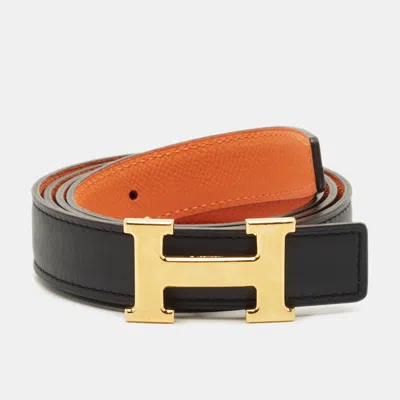 Pre-owned Hermes Black/orange Chamonix And Epsom Leather Mini H Buckle Belt 110cm
