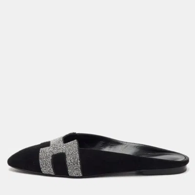 Pre-owned Hermes Black/silver Suede And Crystal Roxane Flat Mules Size 36.5