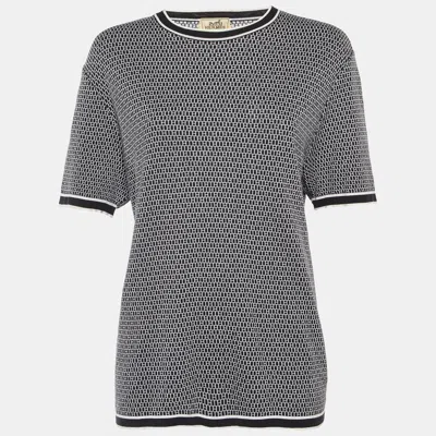 Pre-owned Hermes Black/white All Over H Cotton Knit Crew Neck T-shirt L