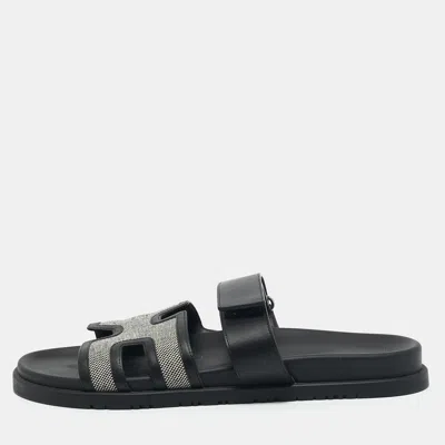 Pre-owned Hermes Black/white Leather And Canvas H Maxi Chypre Flat Sandals Size 45.5