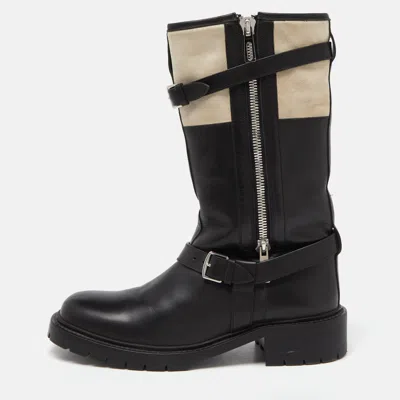 Pre-owned Hermes Black/white Leather And Suede Vancouver Mid Calf Buckle Detail Boots Size 40