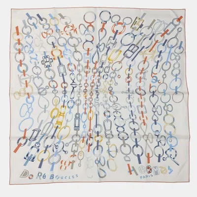 Pre-owned Hermes Blanc Blue Corail Silk Carre Do Re Boucles 90 Scarf