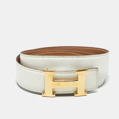 Pre-owned Hermes Hermès Blanc Epsom Leather H Buckle Belt 90 Cm In White