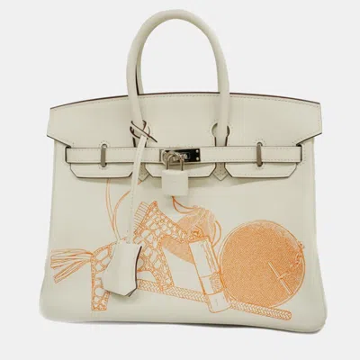Pre-owned Hermes Blanc Swift Leather Birkin Engraved Handbag In Cream