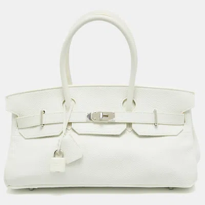 Pre-owned Hermes Hermès Blanc Taurillion Clemence Leather Palladium Finished Shoulder Birkin Jpg 42 Bag In White