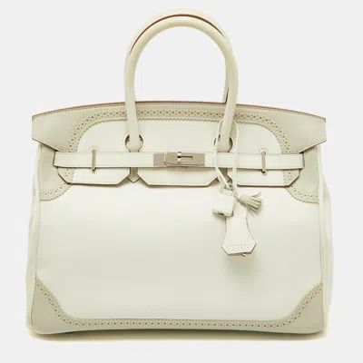 Pre-owned Hermes Blanc/gris Swift Leather Palladium Finish Ghillies Birkin 35 Bag In White