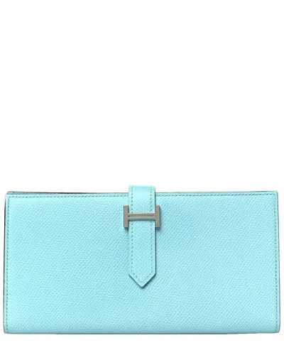 Pre-owned Hermes Hermès Bleu Atoll Epsom Leather Bearn Gusset Wallet (authentic Pre-loved)