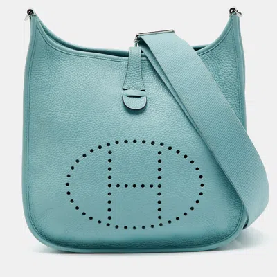 Pre-owned Hermes Hermès Bleu Atoll Taurillon Clemence Leather Evelyne Iii Pm Bag In Blue