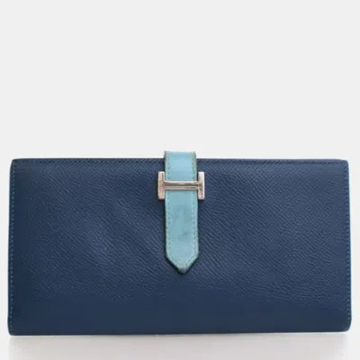 Pre-owned Hermes Bleu Colvert Epsom Bearn Wallet In Blue