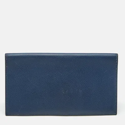 Pre-owned Hermes Bleu De Malte Epsom Leather Mc² Fleming Long Wallet In Blue