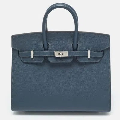 Pre-owned Hermes Bleu De Prusse Epsom Leather Palladium Finish Birkin Sellier 25 Bag In Blue