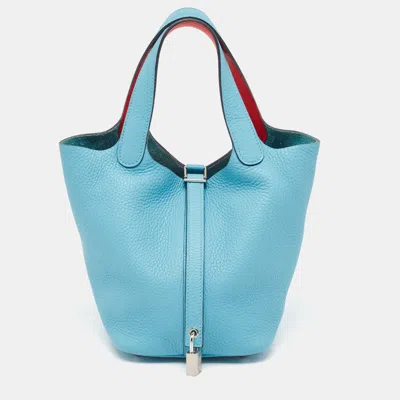 Pre-owned Hermes Bleu Du Nord/rouge De Coeur Taurillon Clemence Leather Picotin Lock 18 Bag In Blue