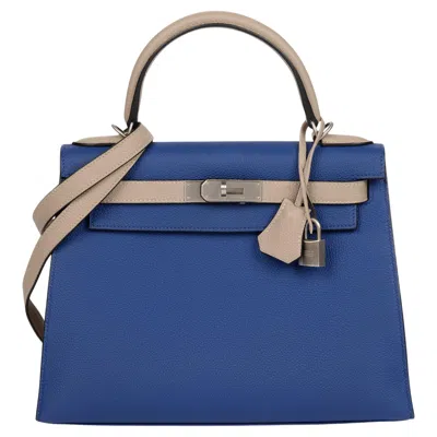 Pre-owned Hermes Hermès Bleu Electric & Gris Tourterelle Togo Leather Special Order Hss Kelly 28 In Blue