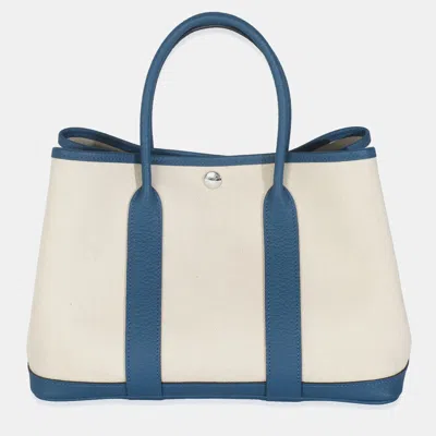 Pre-owned Hermes Bleu France Negonda Ecru Canvas Garden Party 30 Tpm In Blue