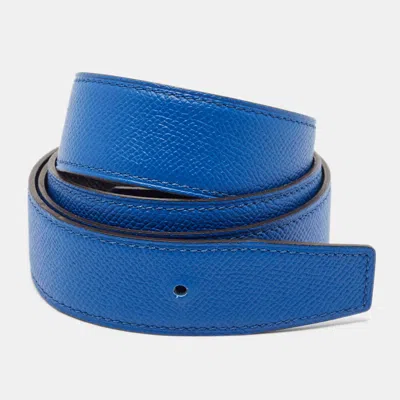 Pre-owned Hermes Hermès Bleu France/noir Epsom Leather Belt Strap 95 Cm In Blue