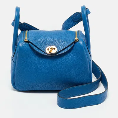 Pre-owned Hermes Bleu Frida Taurillon Clemence Leather Gold Finish Mini Lindy Bag In Blue