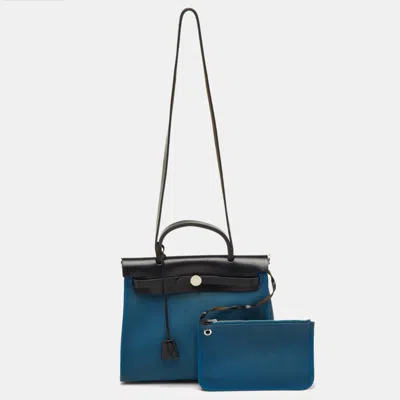 Pre-owned Hermes Hermès Bleu Frida/black Toile Canvas And Vache Hunter Herbag Zip 31 Bag In Blue