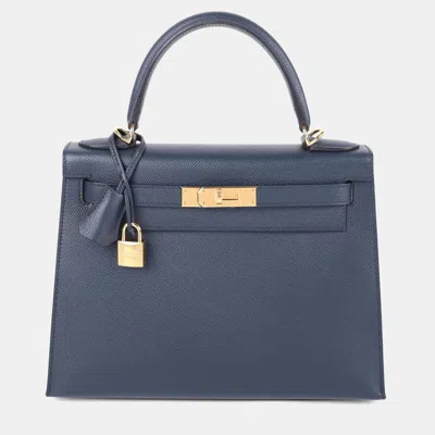 Pre-owned Hermes Bleu Indigo Epsom Sellier Kelly 28 Ghw In Blue