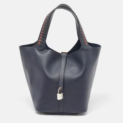 Pre-owned Hermes Bleu Indigo/noir/terre Battue Epsom Leather Picotin Lock Tressage 22 Bag In Blue