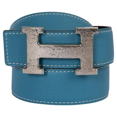 Pre-owned Hermes Bleu Jean / Black Leather H Martelee 32mm Reversible Hip Belt 90