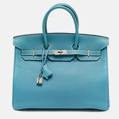 Pre-owned Hermes Bleu Jean Togo Leather Palladium Finish Birkin 35 Bag In Blue