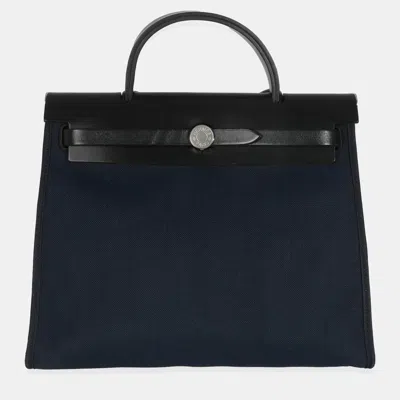 Pre-owned Hermes Bleu Marine Bleu Saphir Military Toile Vache Hunter Herbag Zip 31 Pm Phw In Black