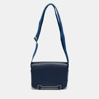 Pre-owned Hermes Bleu Navy Chevre Mysore Leather Palladium Finish Geta Bag In Blue