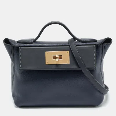 Pre-owned Hermes Hermès Bleu Nuit/caban Evercolor And Swift Leather Permabrass Finish 24/24 21 Bag In Blue