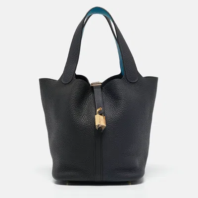 Pre-owned Hermes Hermès Bleu Nuit/noir/bleu Zanzibar Taurillon Clemence Leather Picotin Lock 22 Bag In Multicolor