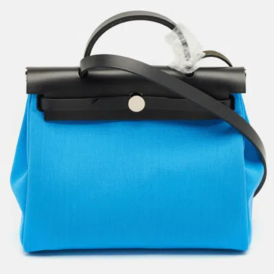 Pre-owned Hermes Bleu Riviera/noir Toile Militaire And Vache Hunter Herbag Zip 31 Bag In Blue