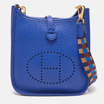 Pre-owned Hermes Bleu Royal/bleu/biscuit/rouge H Taurillon Clemence Leather Maxi Quadrille Evelyne Tpm Bag In Blue
