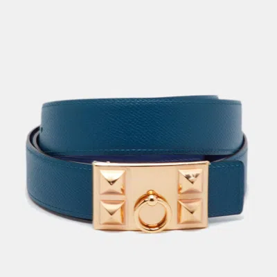 Pre-owned Hermes Bleu Saphir/colvert Swift/epsom Leather Collier De Chien Reversible Belt 90cm In Blue