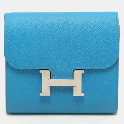 Pre-owned Hermes Bleu Zanzibar Epsom Leather Constance Compact Wallet