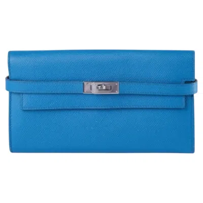 Pre-owned Hermes Hermès Bleu Zanzibar Kelly Long Wallet Chevre Leather Palladium Hardware In Blue