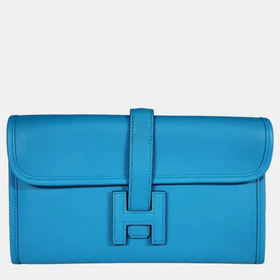 Pre-owned Hermes Bleu Zanzibar Swift Jige Duo Wallet Phw In Blue