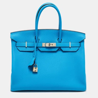 Pre-owned Hermes Hermès Bleu Zanzibar/malachite Togo Leather Palladium Finish Birkin 35 Bag In Blue