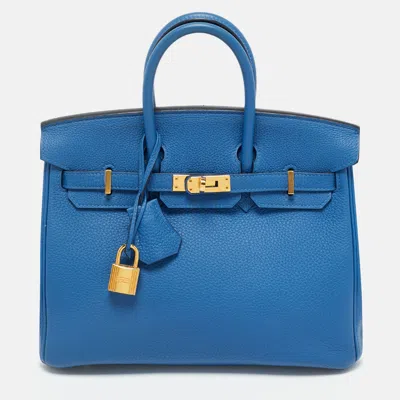 Pre-owned Hermes Bleu Zellige Togo Leather Gold Finish Birkin 25 Bag In Blue