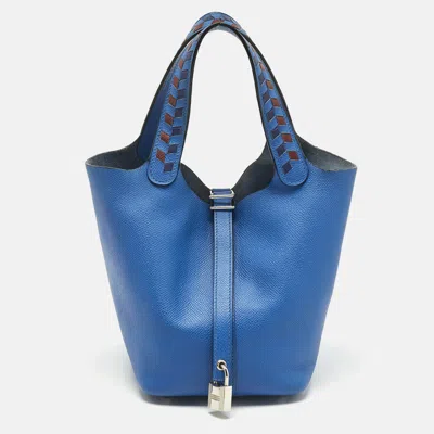 Pre-owned Hermes Bleu Zellige/bleu Encre/rouge Epsom Leather Picotin Lock Tressage 18 Bag In Blue